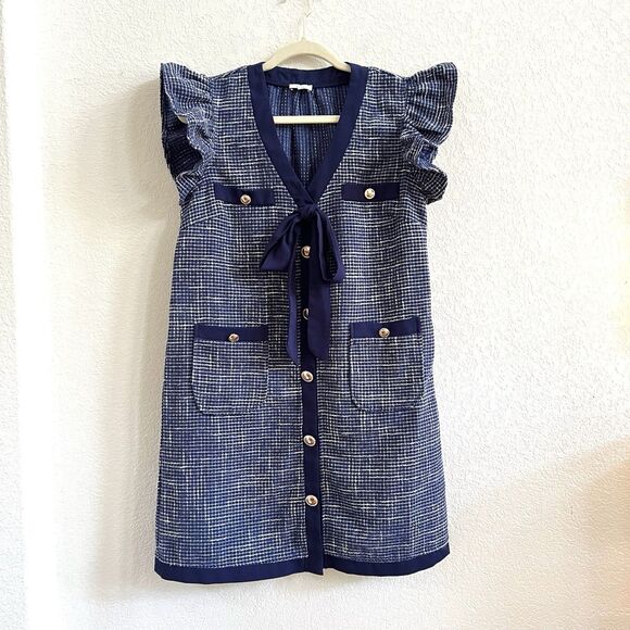 Voy Blue Tweed V-Neck Dress with Contrast Ribbon and Flutter Sleeve Sz S - Picture 1 of 11